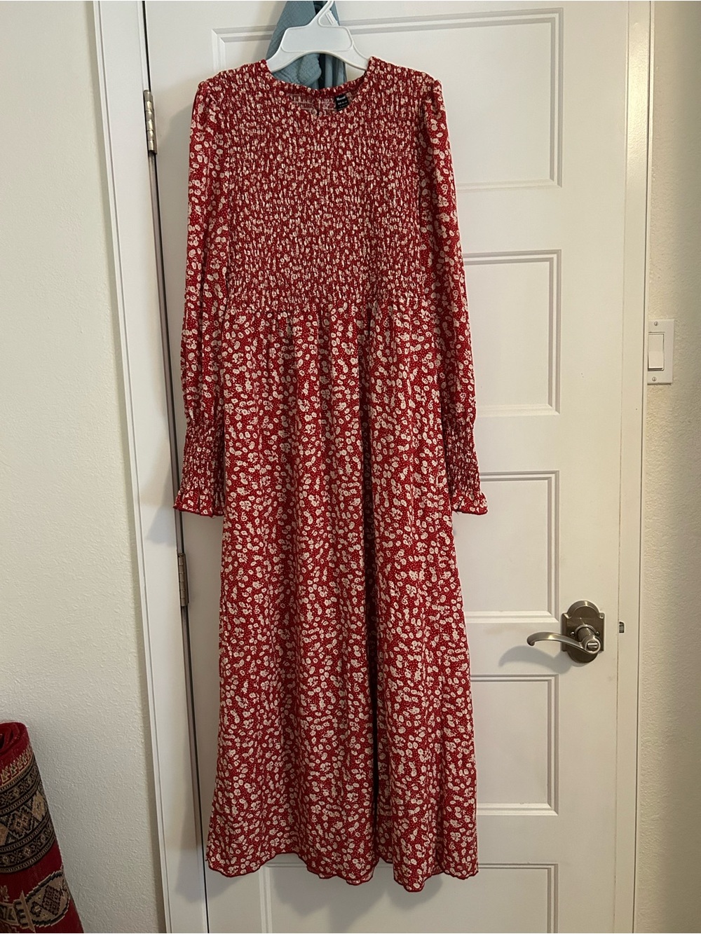 Red Floral Smocked Long Sleeve Maxi Dress